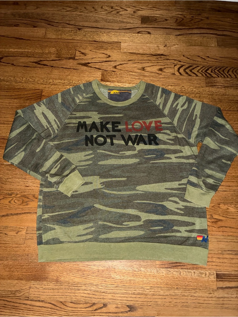 Rare GRAIL Aviator Nation Camo Crewneck Sweater “MAKE LOVE NOT WAR”